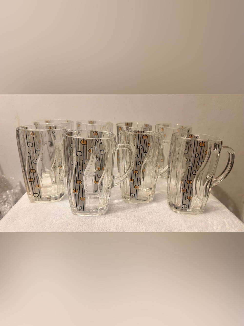 Vintage Alpine Cuisine MCM Black Gold Geometric Glass Coffee Mugs Set of 8